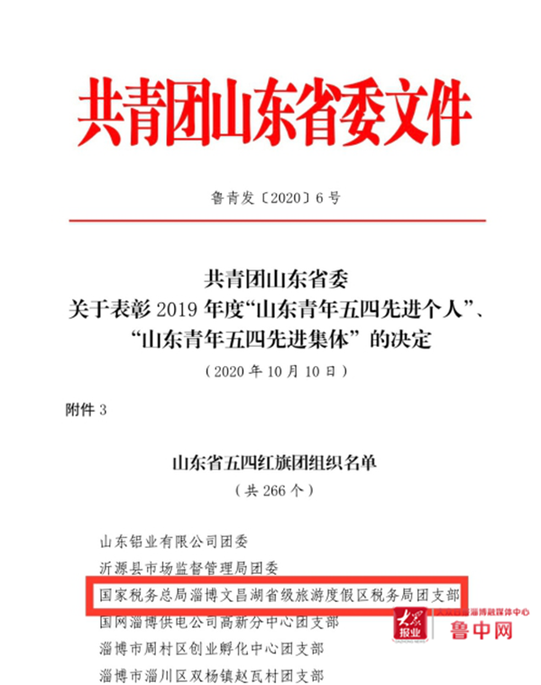 淄博文昌湖区税务局团支部被表彰为2019年度“山东省五四红旗团组织”