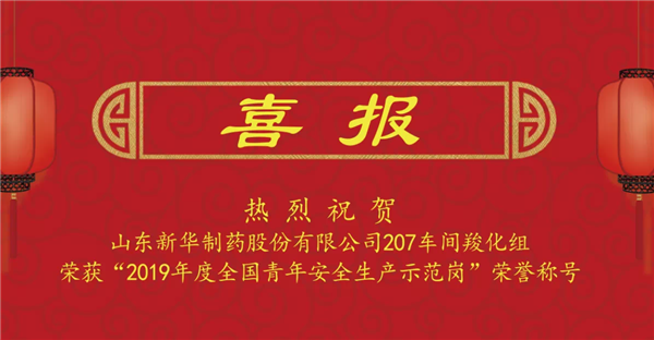 山东新华制药股份有限公司207车间羧化组荣获“2019年度全国青年安全生产示范岗”荣誉称号